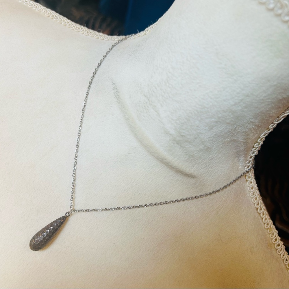 Handcrafted vintage hammered elongated raindrop pendant on chain necklace